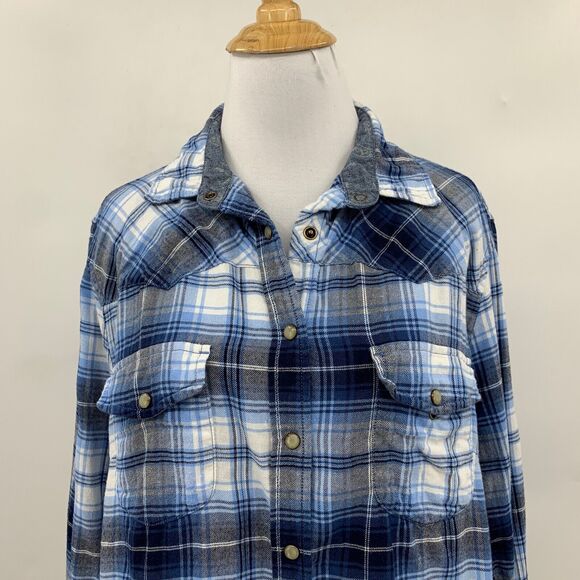 Jachs Girlfriend Shirt Womens M Medium Flannel Blue White Pearl Snap Button Up - Picture 3 of 13
